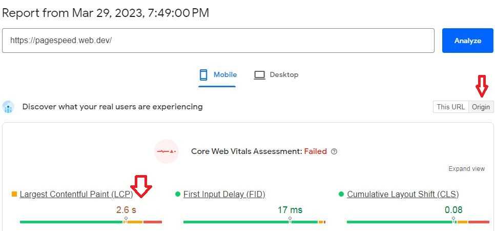 PageSpeed Insights Fails Core Web Vitals